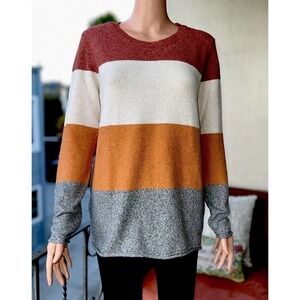 Pinque Women's Knit Sweater Long Sleeves Soft Warm Earth Tones Colorblock Size M